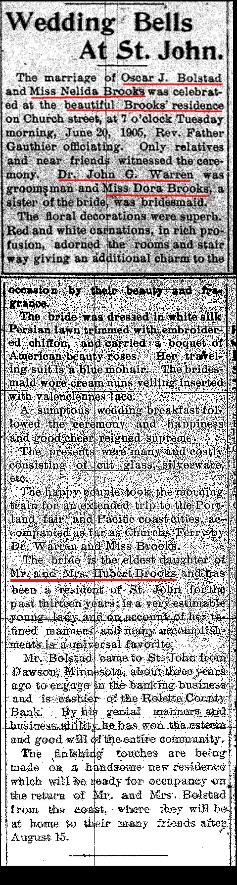 Newspaper Announcement of Marriage of Nellie Brooks to Oscar Bolstad 